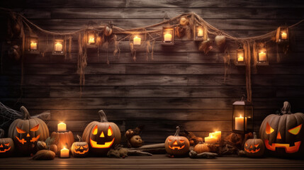 Halloween Pumpkinswith lights on wooden background