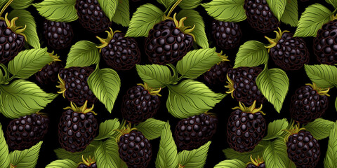 Blackberry branches seamless pattern on charcoal backdrop. Concept: Organic elements with dramatic contrast.