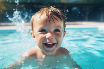 Fototapeta na wymiar Portrait of happy girl boy having fun swimming pool spending summer holidays in aqua park center generative AI