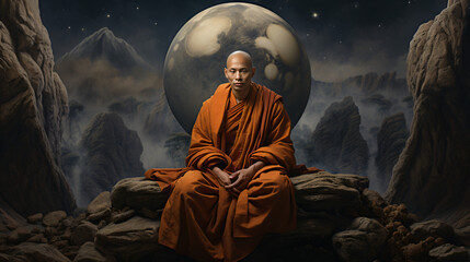 cinematic monk astronaut growing plants in space