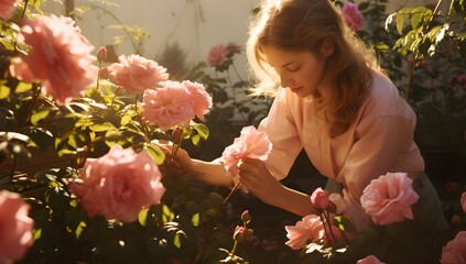 beautiful woman working in a garden taking care of roses
