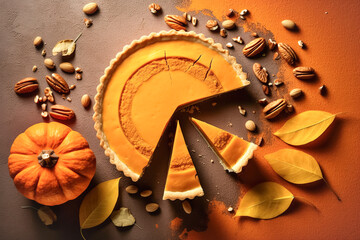 Festive homemade appetizing ripe pumpkin pie, minimalistic orange background, seasonal fall baking