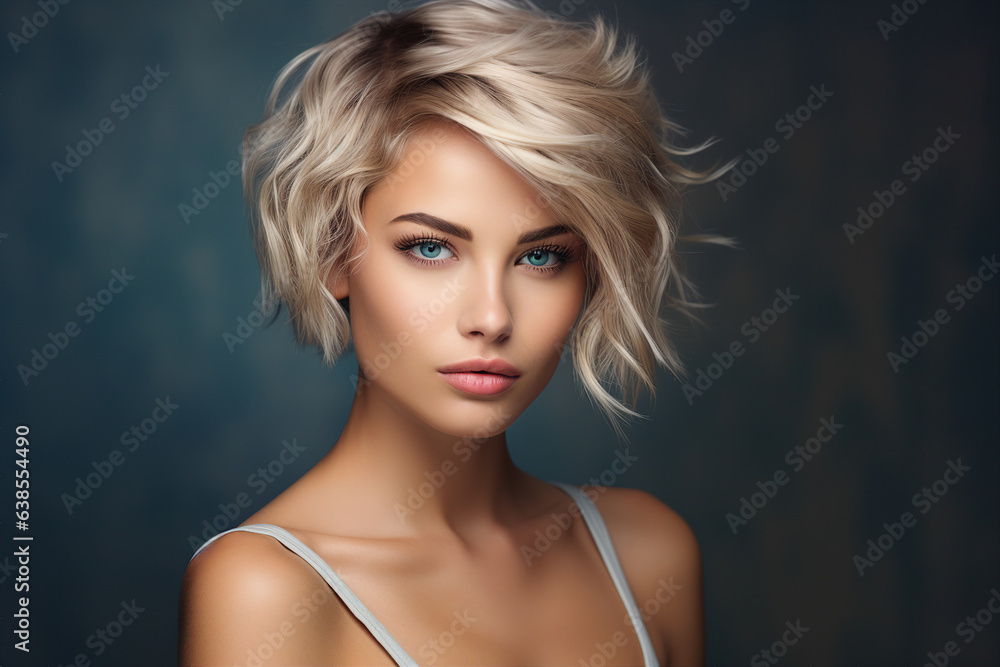 Wall mural generative ai picture portrait of young beautiful woman with short haircut styling - Wall murals