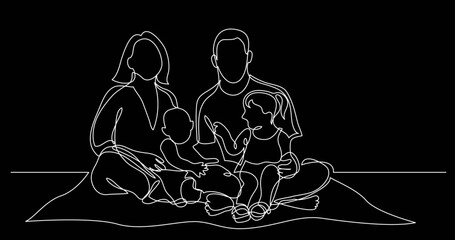 continuous line drawing vector illustration with FULLY EDITABLE STROKE - family life concept on black background