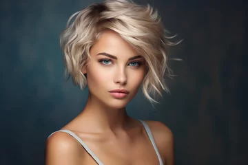 Rolgordijnen Generative AI picture portrait of young beautiful woman with short haircut styling © deagreez