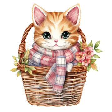 AI Generative cute chubby cat with scarf on basket with beautiful flower