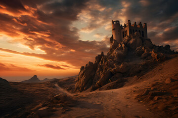 Ancient Citadel on Rocky Outcrop Overlooking Vast Desert Expanse Under Cirrus Clouds.
