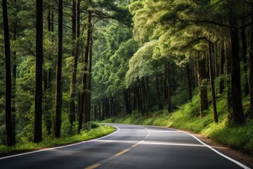 Fototapeta na wymiar Driving on Open Road in Beautiful Mountain Forest