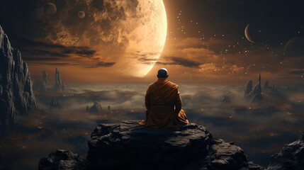 cinematic monk astronaut growing plants in space