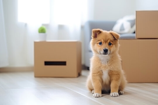 Cute puppy dog sitting near cardboard boxes with household belongings and potted home plants in empty living room. Moving to new home, relocation, renovation, removals and delivery service concept