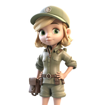 3D Illustration of a Cute Cartoon Girl in Army Uniform