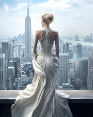 A haute couture model in a white futuristic dress stands on a terrace and looks at the city panorama with tall buildings. Back view - obrazy, fototapety, plakaty