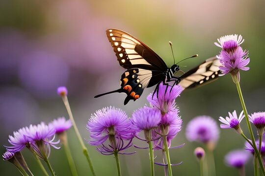 Dark Swallowtail butterfly in garden with purple flowers