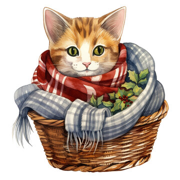 AI Generative cute little kitten with scarf on basket Christmas festival 