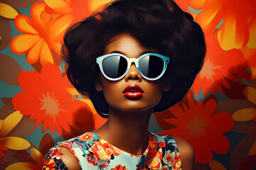 Iconic Afro Beauty: Summer Collage with a Trendy Woman and 60s Sunglasses