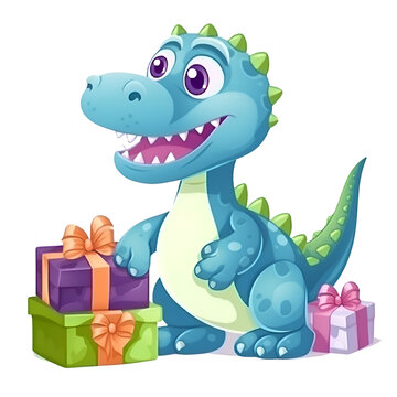 Cartoon dinosaur with gift boxes. Vector illustration for your design.