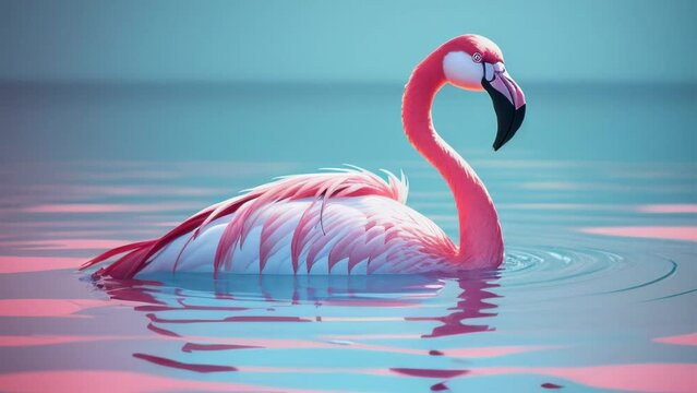 A pink flamingo floating on top of a body of water. Generative ai