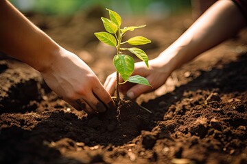 person planting a young tree into the soil - ecology reforestation concept (Generative AI)