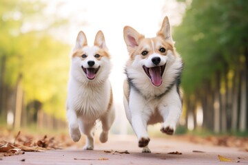 two cute corgi dogs running in park