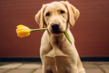 labrador retriever dog holding yellow tulip flower