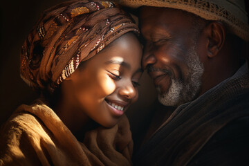 Warm , emotional portrait of African grandfather and granddaughter wearing traditional clothes. Family values concept
