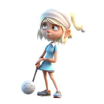 Blond girl with a soccer ball.  3d rendering.  white background
