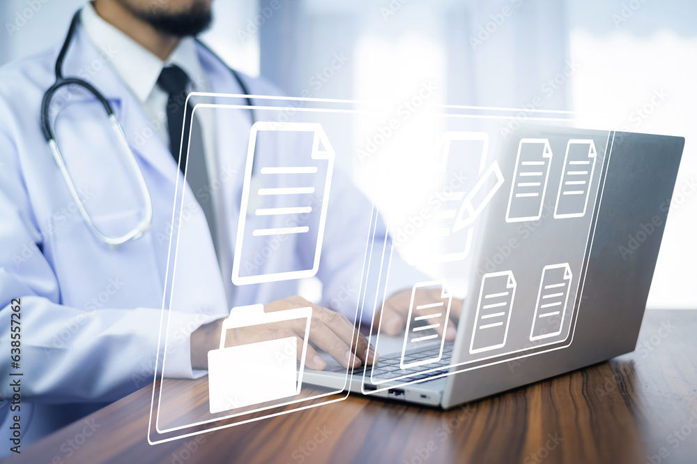 Poster documents concept, doctor use computer connection server data base patient for technology treatment 
