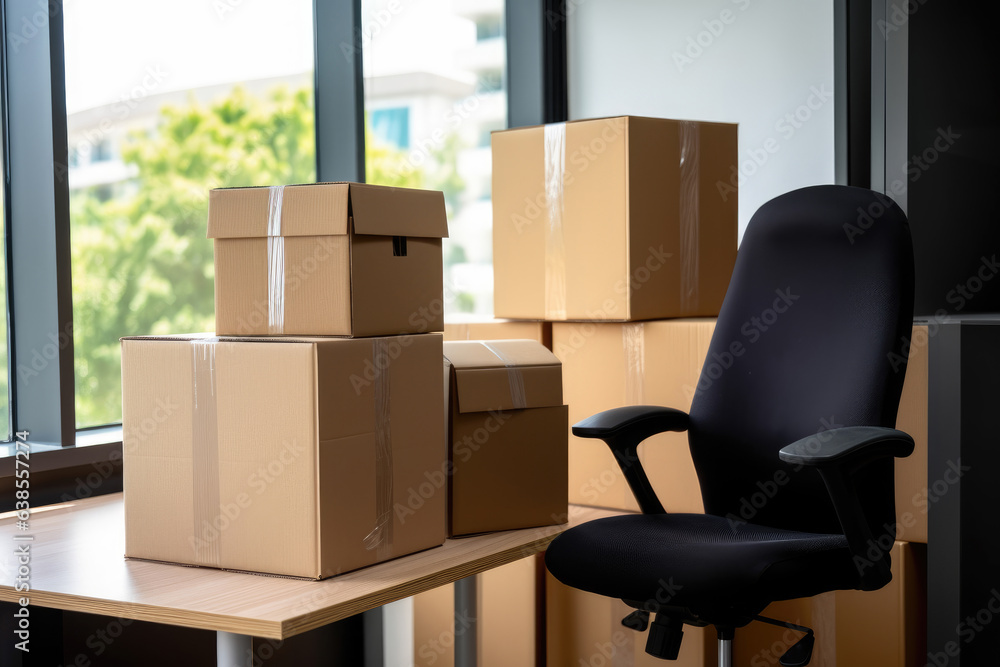 Wall mural Stack of cardboard boxes with stuff and office chair in empty office room. Moving to new office, relocating, crisis, remote working, start new business, e-commerce concept