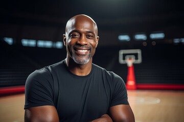 Portrait of smiling sporty african american man sitting in gym