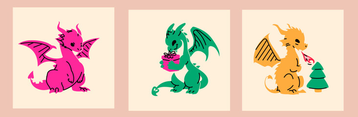 A set of 3 cute new year dragons. Square cards for social media. Vector contemporary illustration. 