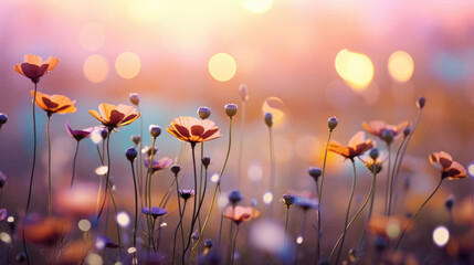 Wild Flowers On A Field. Dreamy Landscape With Bokeh Background. Ai Generated
