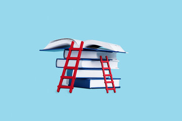 Back to school concept. Creative collage with books and ladder on blue blackboard. Education...