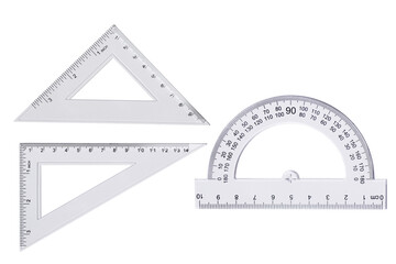 Plastic white ruler math geometry school supplies isolated on transparent background. Variety of measuring geometry rulers for design. - 638557896