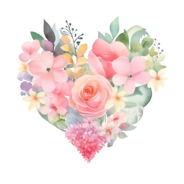 Watercolor floral heart. Hand drawn watercolor illustration isolated on white background.