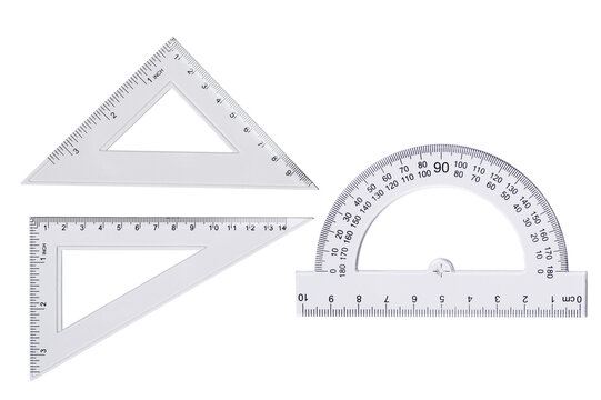 Plastic white ruler math geometry school supplies isolated on transparent background. Variety of measuring geometry rulers for design.