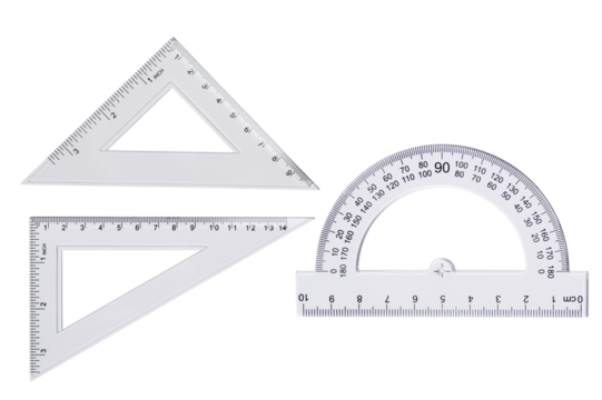 Plastic white ruler math geometry school supplies isolated on transparent background. Variety of measuring geometry rulers for design.