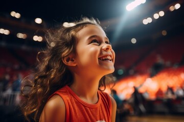 Adorable little girl with curly hair in sportswear smiling and looking away at stadium