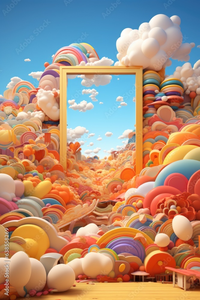 Poster a frame with many colorful clouds and glitches and artifacts in front of it, ai