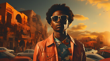Sunset Retro Vibes: Travel Collage Featuring a Stylish Black Man in 60s Fashion