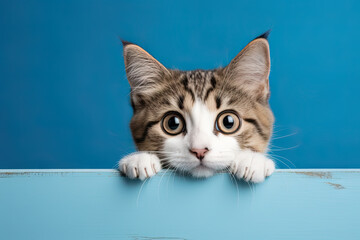 Kitten head with paws up peeking over blue wooden background. Little tabby cat curiously peeking out from behind blue background. Pets adoption, shelter, rescue, help for pets. Front view, copy space - obrazy, fototapety, plakaty