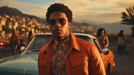 Retro Rendezvous: 60s Fashion and Afro Elegance in a Travel Collage of Vintage Cars