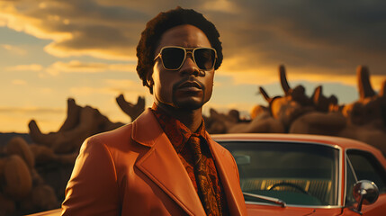 Soulful Journey: 60s Retro Style and Afro Chic Amidst Sunset-Colored Travel Scenes