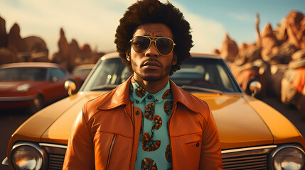 Afro Adventures: Black Man's 60s Retro Fashion Shines in a Travel Collage of Sunset Hue