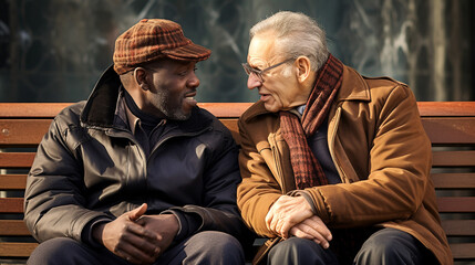  Portrait of Two paternal figures of different ages and racial backgrounds, one middle-aged and the other elderly, sit on park bench, discussing important life moments. Banner. Generative Ai content.