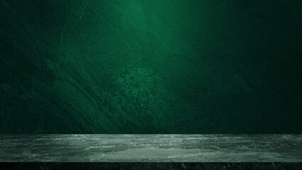 empty marble table at foreground and cement stone at background with green light from above for product displayed in rustic mood. green backdrop. abstract background for product stand for advertising. © WONGSAKORN