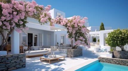Fototapeta premium Professional Shot of a Mediterranea House in Greece. Amazing Magenta Flowers creating this shot Captivating. 
