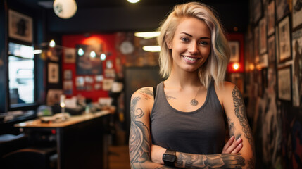 Obraz na płótnie Canvas Female tattoo master at a tattoo salon