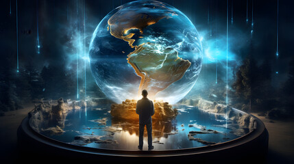 A person standing before a Captivating Digital Hologram of Earth Floating in Futuristic Background with Glowing Data Streams.