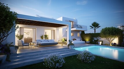 Ultra Luxurious Exterior Design of a Tropical Modern Villa with a Relax Zone and a Pool.