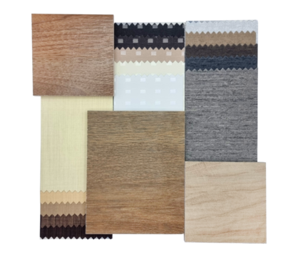 group of interior material samples for including luxury blackout drapery fabric catalog chart, oak and teak wooden ceramic tiles isolated on background with clipping path. modern luxury style.